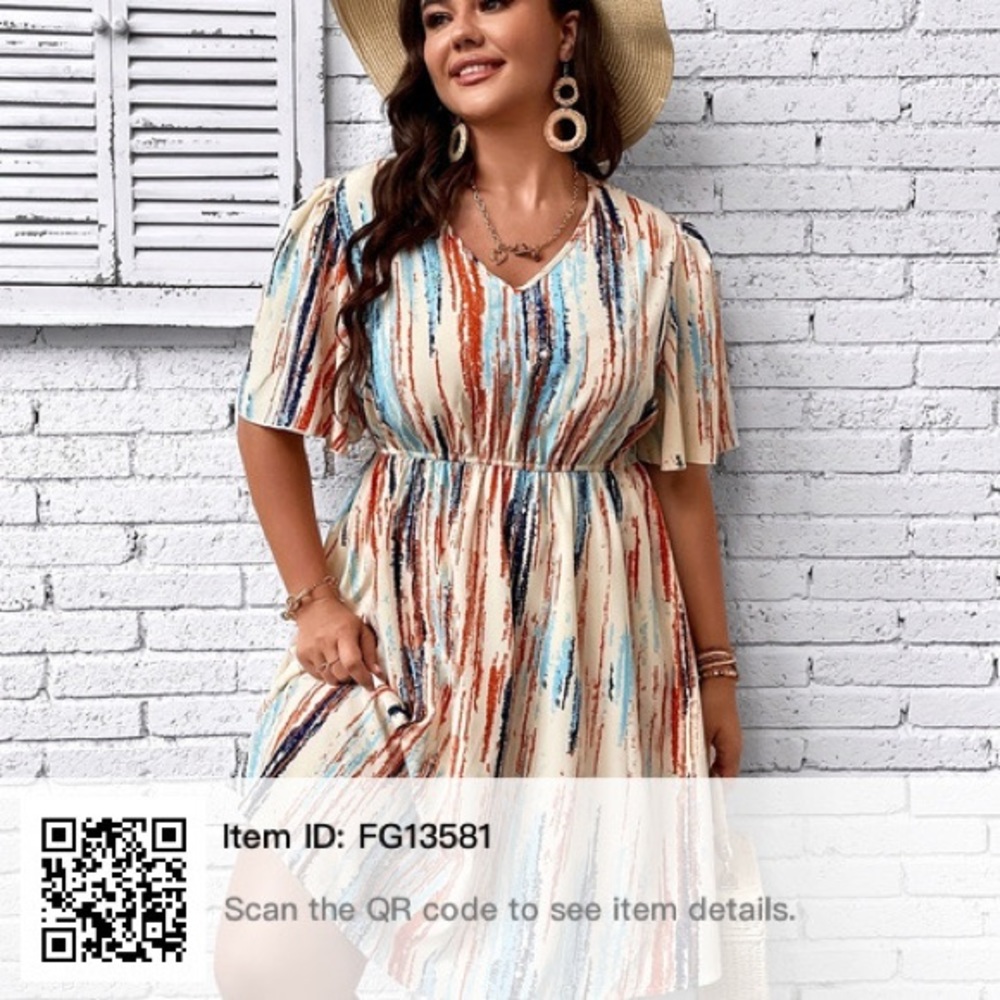 Plus Size Casual Dress, Women's Plus Random Print Short Sleeve V Neck